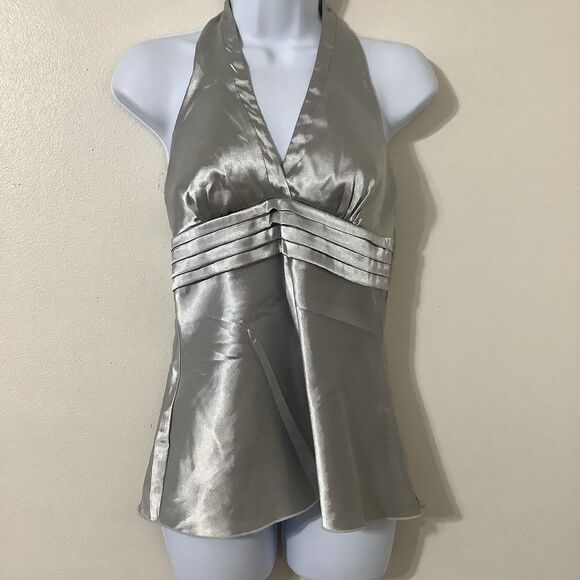 Vintage Y2K Silver Funky Festival Rave Disco Beachy Summer Satin Halter Top S - Picture 1 of 8